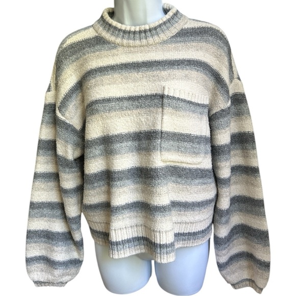 UpWest Gray and Cream Mock Neck Sweater with Stripes - Picture 1 of 8